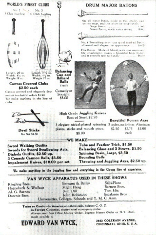 Page from an early Van Wyck juggling equipment catalog.