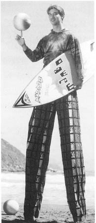 (Left) Surf's up!  Beach balls and surfboard are natural props for a South Seas act.