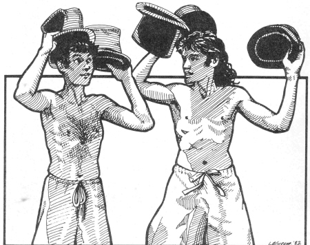 Arsene and Waldo work on a hat manipulation routine in Anisq'oyo Park following the convention parade through Isla Vista.