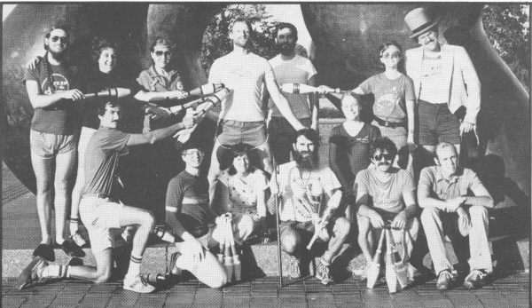 AJA members attending the 1983 convention point out their founder (and IJA affiliate coordinator) Rodger French as a major factor in six years of success. President Toni Shifalo (La Banana) is at French's right. Author, wearing top hat, is standing at far right.