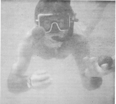 Ah!  to be wet, warm and juggling!  This underwater Caribbean scene was mailed to the IJA with the unfortunate note that the attempt at aquatic manipulation proved virtually impossible because of the turbulence created by the juggler's hands.  Has anyone else had better luck?