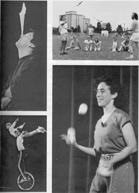 Pat Hazell, Public Show emcee, with a burning cone balance;  Arsene and Jeff Napier pass clubs; Sara Felder in the Public Show; Sem & Theresa Abrams on unicycle.