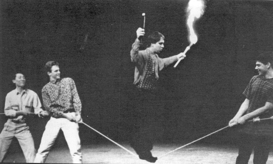 Duncan enlists some audience volunteers for his slackwire routine.