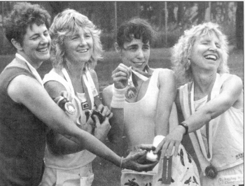 The Pink Flamingo win the senior women's mile (l-r) Jane Hussey, Laurie Young, Laura Green and Kay Caskey.